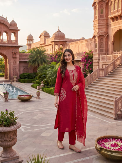 Rani Pink Embroidered Cotton Kurta Set with Dupatta