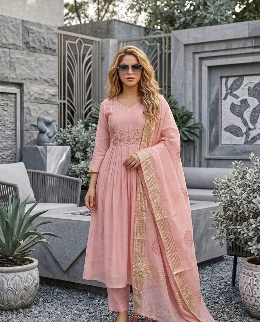 Premium Mal Chanderi Flared Kurta Set with Handwork Yoke & Silk Dupatta