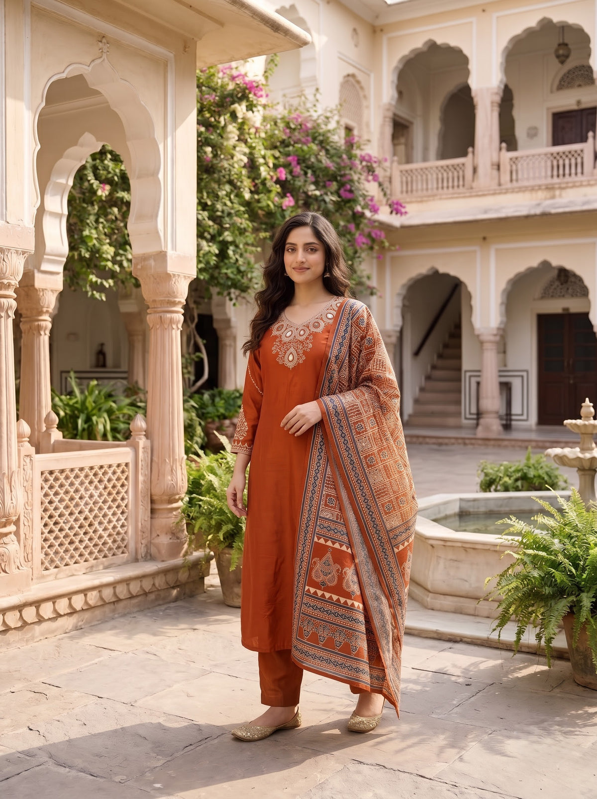 Rust Orange Rayon Gajji Kurta Set with Mirror Work & Ajrakh Dupatta