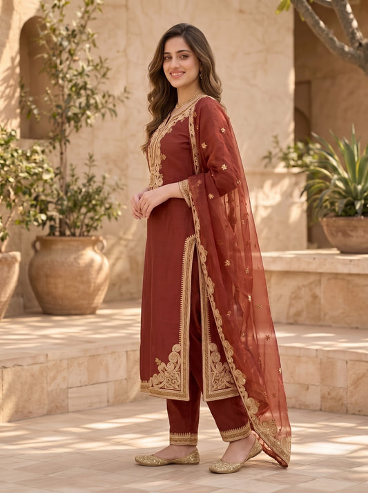 Brown Tassar Silk Kurta Set with Aari Embroidery