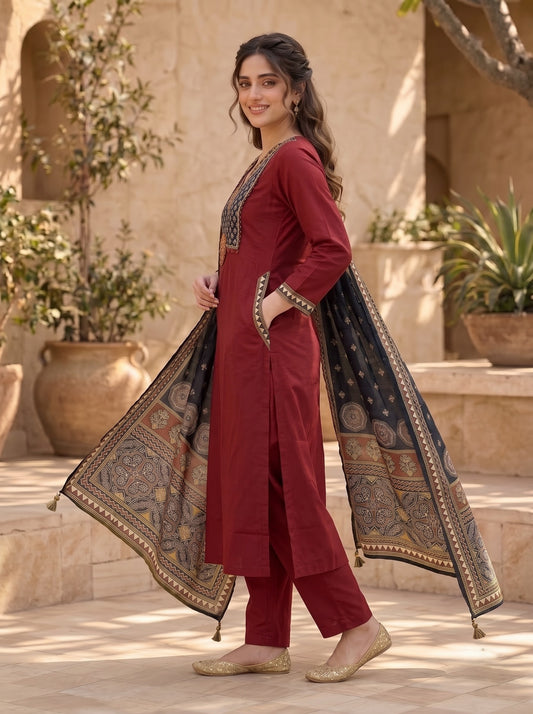 Deep Red Gajji Silk Kurta Set with Gamthi Embroidery & Kalamkari Dupatta