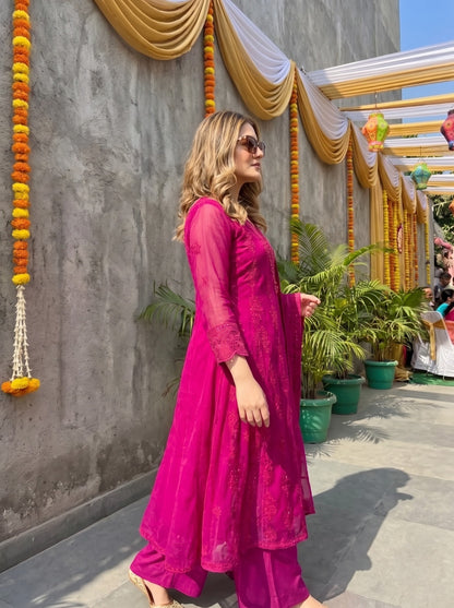 Magenta Mal Chanderi Kurta Set with Lucknawi Embroidery