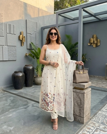 Designer Spaghetti Strap Kurta Set with Beads & Cutdana Handwork | Embroidered Cotton Kurta with Plazzo & Dupatta