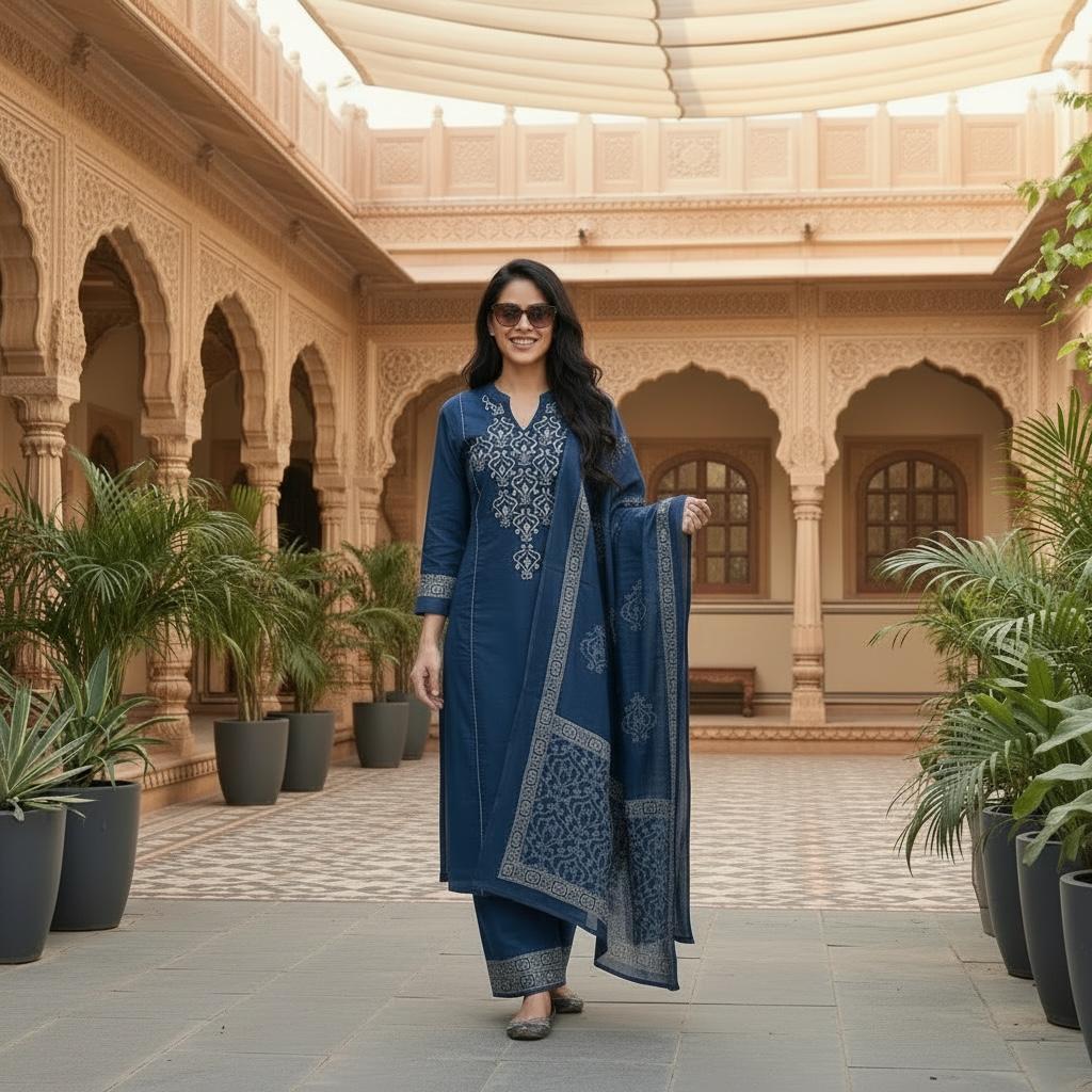 Cotton Kurta Set with Embroidered Neck Yoke, Plazzo Pants & Printed Dupatta