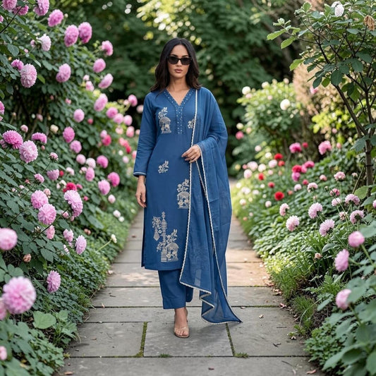 Pure Cotton Blue Kurta Set With Beads Handwork and Lace Dupatta