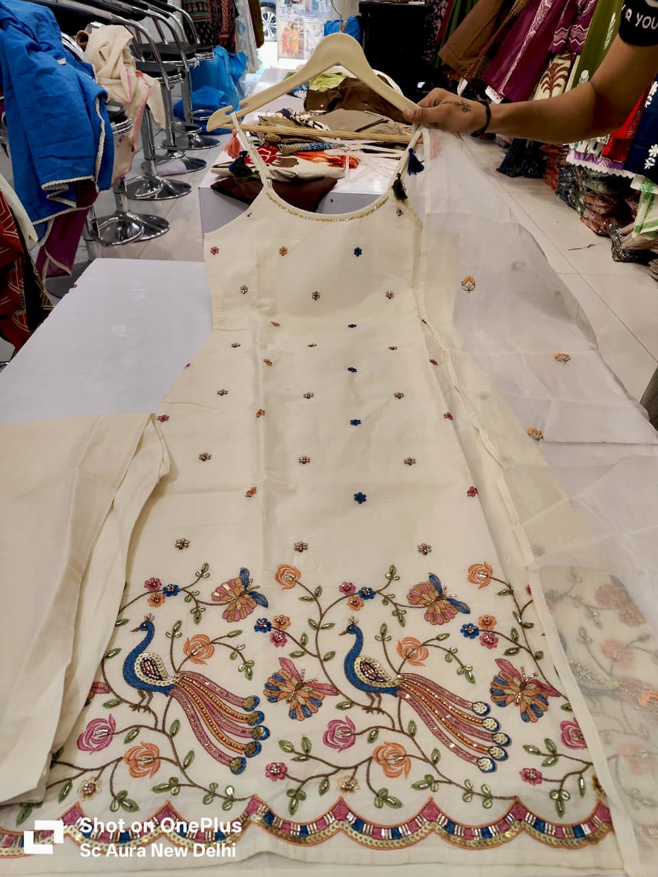 Designer Spaghetti Strap Kurta Set with Beads & Cutdana Handwork | Embroidered Cotton Kurta with Plazzo & Dupatta