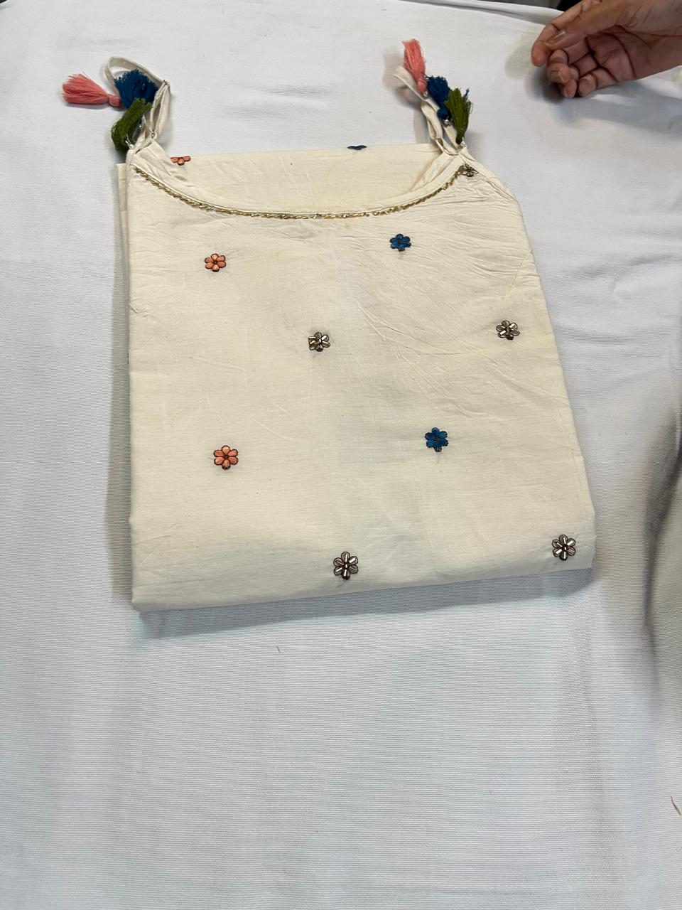 Designer Spaghetti Strap Kurta Set with Beads & Cutdana Handwork | Embroidered Cotton Kurta with Plazzo & Dupatta