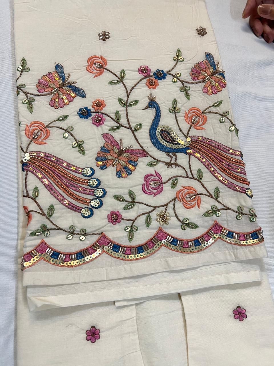 Designer Spaghetti Strap Kurta Set with Beads & Cutdana Handwork | Embroidered Cotton Kurta with Plazzo & Dupatta