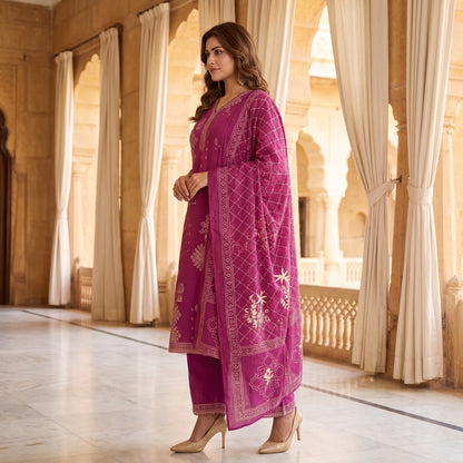 Magenta Pure Cotton Printed Kurta Set with Cotton Dupatta