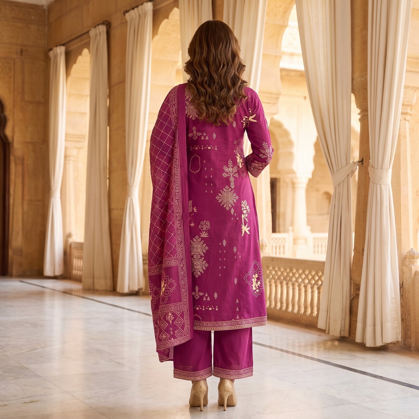 Magenta Pure Cotton Printed Kurta Set with Cotton Dupatta