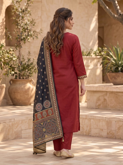 Deep Red Gajji Silk Kurta Set with Gamthi Embroidery & Kalamkari Dupatta