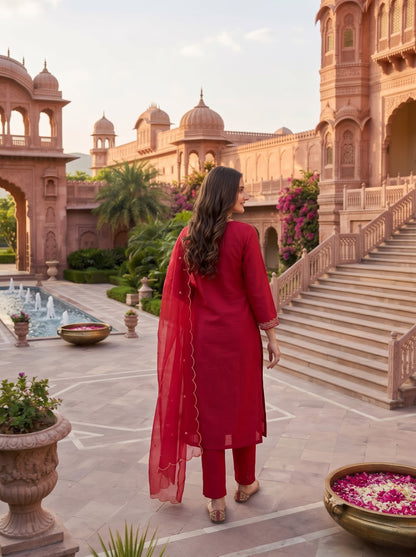 Rani Pink Embroidered Cotton Kurta Set with Dupatta