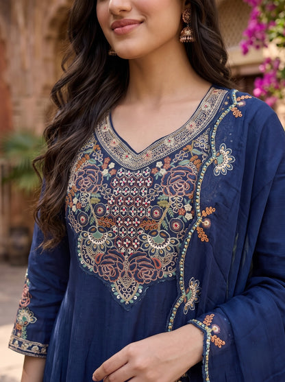 Navy Blue Mal Chanderi A-Line Kurta Set