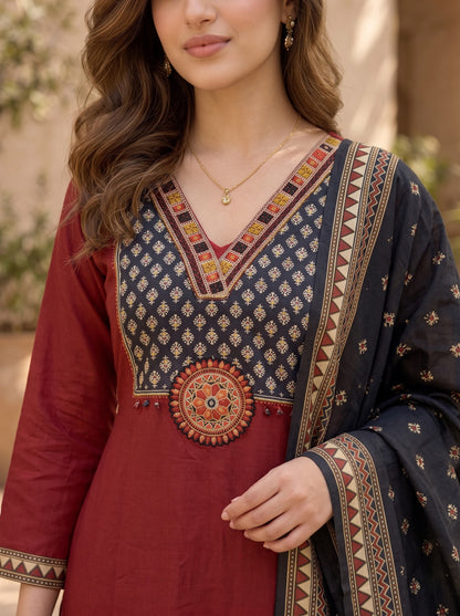 Deep Red Gajji Silk Kurta Set with Gamthi Embroidery & Kalamkari Dupatta