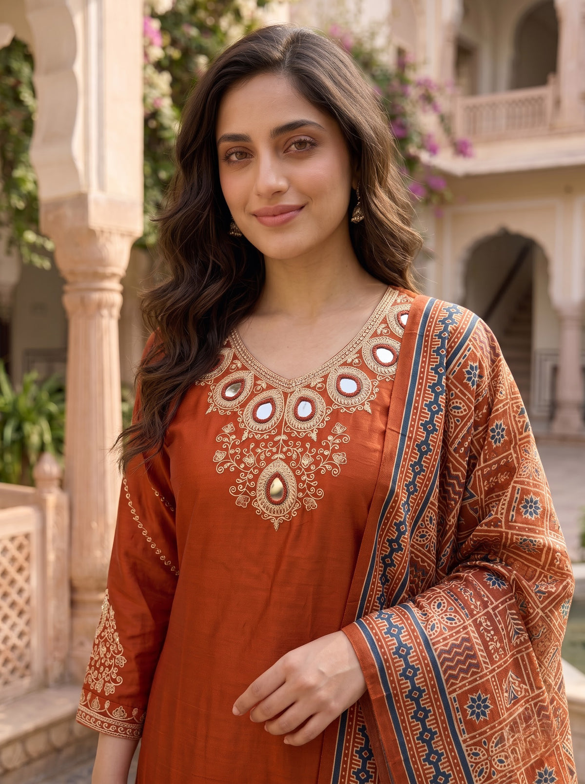 Rust Orange Rayon Gajji Kurta Set with Mirror Work & Ajrakh Dupatta