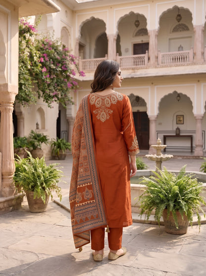 Rust Orange Rayon Gajji Kurta Set with Mirror Work & Ajrakh Dupatta