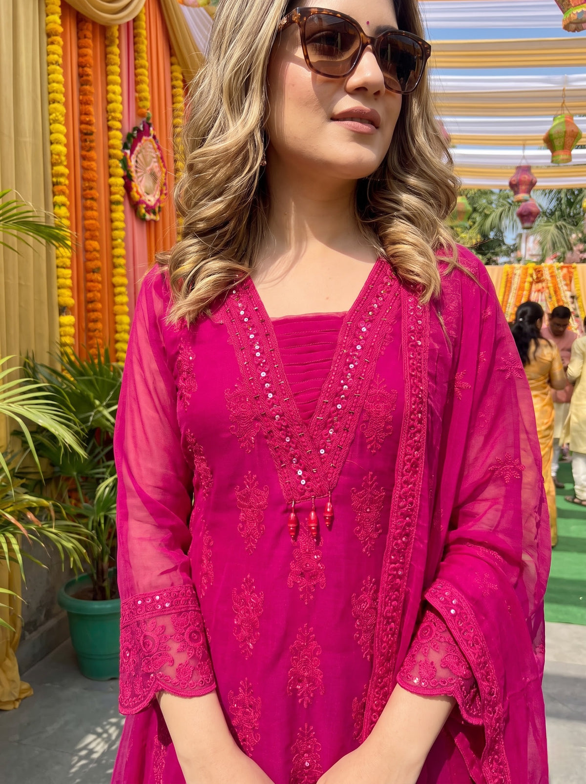 Magenta Mal Chanderi Kurta Set with Lucknawi Embroidery