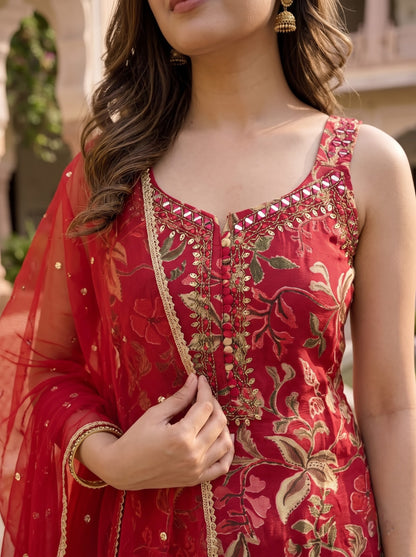 Red Chinon Sharara Set with Handwork & Embroidered Dupatta