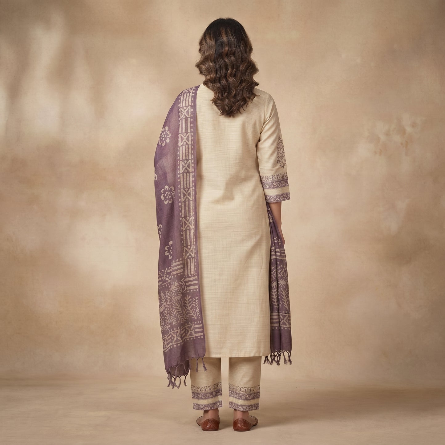 Back Outfit – Beige Block Print Cotton Silk Kurta Set with Dupatta