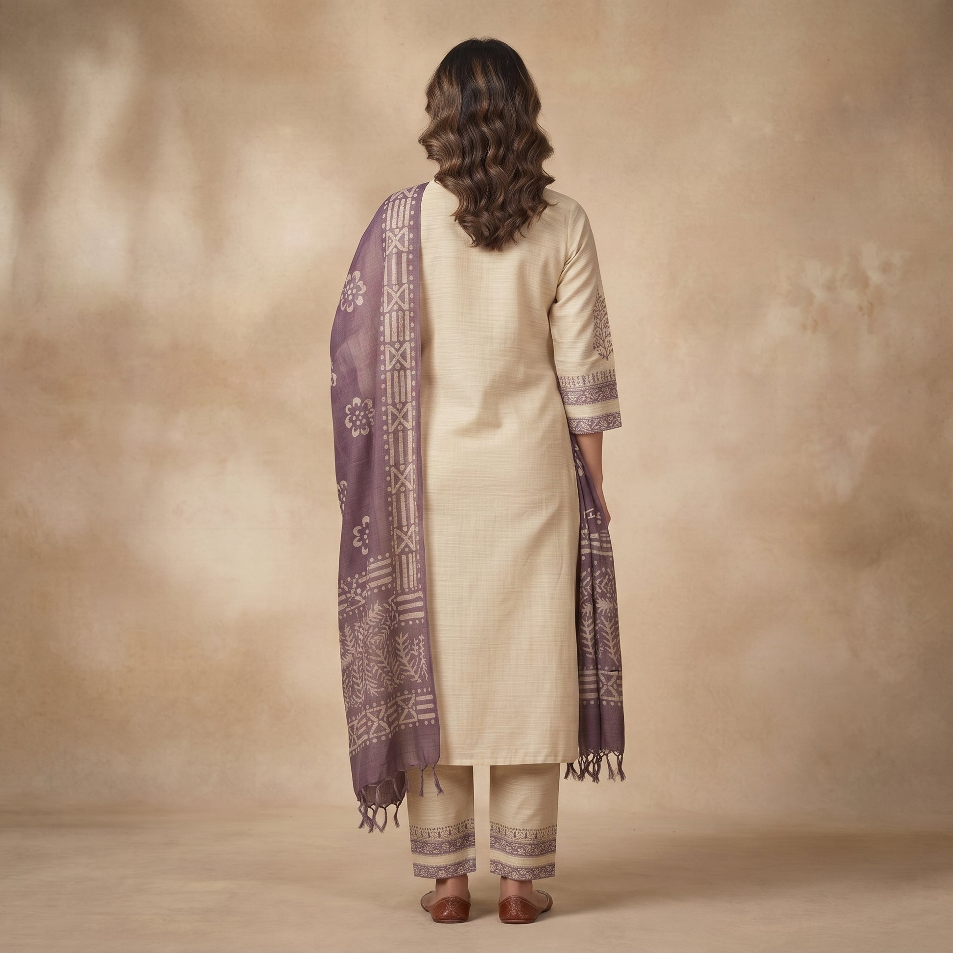 Back Outfit – Beige Block Print Cotton Silk Kurta Set with Dupatta