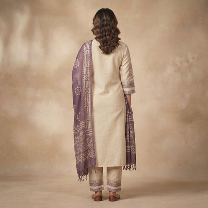 Back Outfit – Beige Block Print Cotton Silk Kurta Set with Dupatta