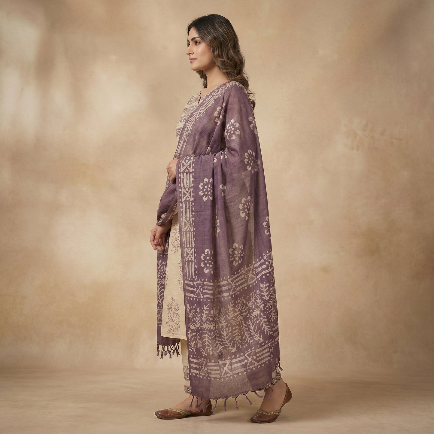 Full Outfit – Beige Block Print Cotton Silk Kurta Set with Dupatta