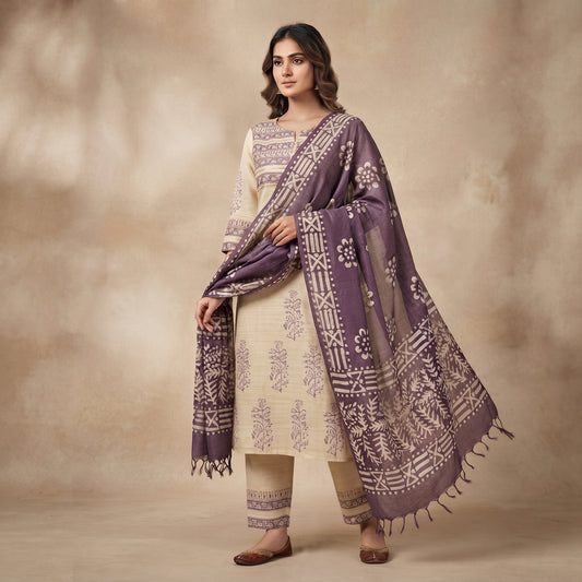 Beige Cotton Silk Block Print Kurta Set Front with Printed Dupatta – Hana Label