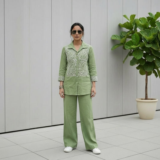 Pure Cotton Slub Co-Ord Set with Velvet Cutwork Embroidery & Plazzo Pants