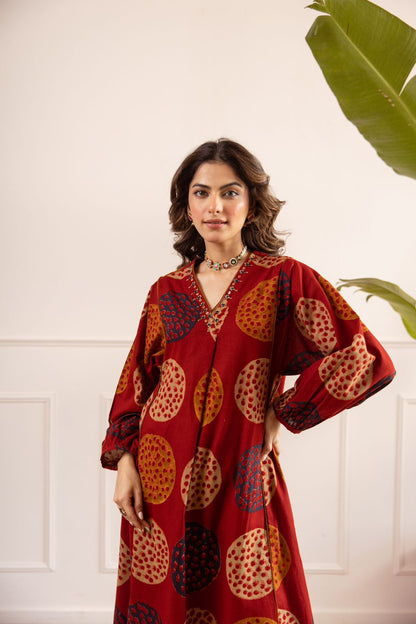 Cotton Slub A-Line Flared Kurta Set with Handwork Neckline & Linen Plazzo