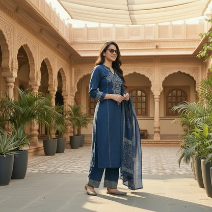 Cotton Kurta Set with Embroidered Neck Yoke, Plazzo Pants & Printed Dupatta