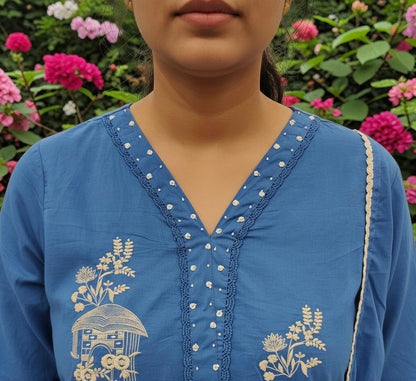 Pure Cotton Blue Kurta Set With Beads Handwork and Lace Dupatta