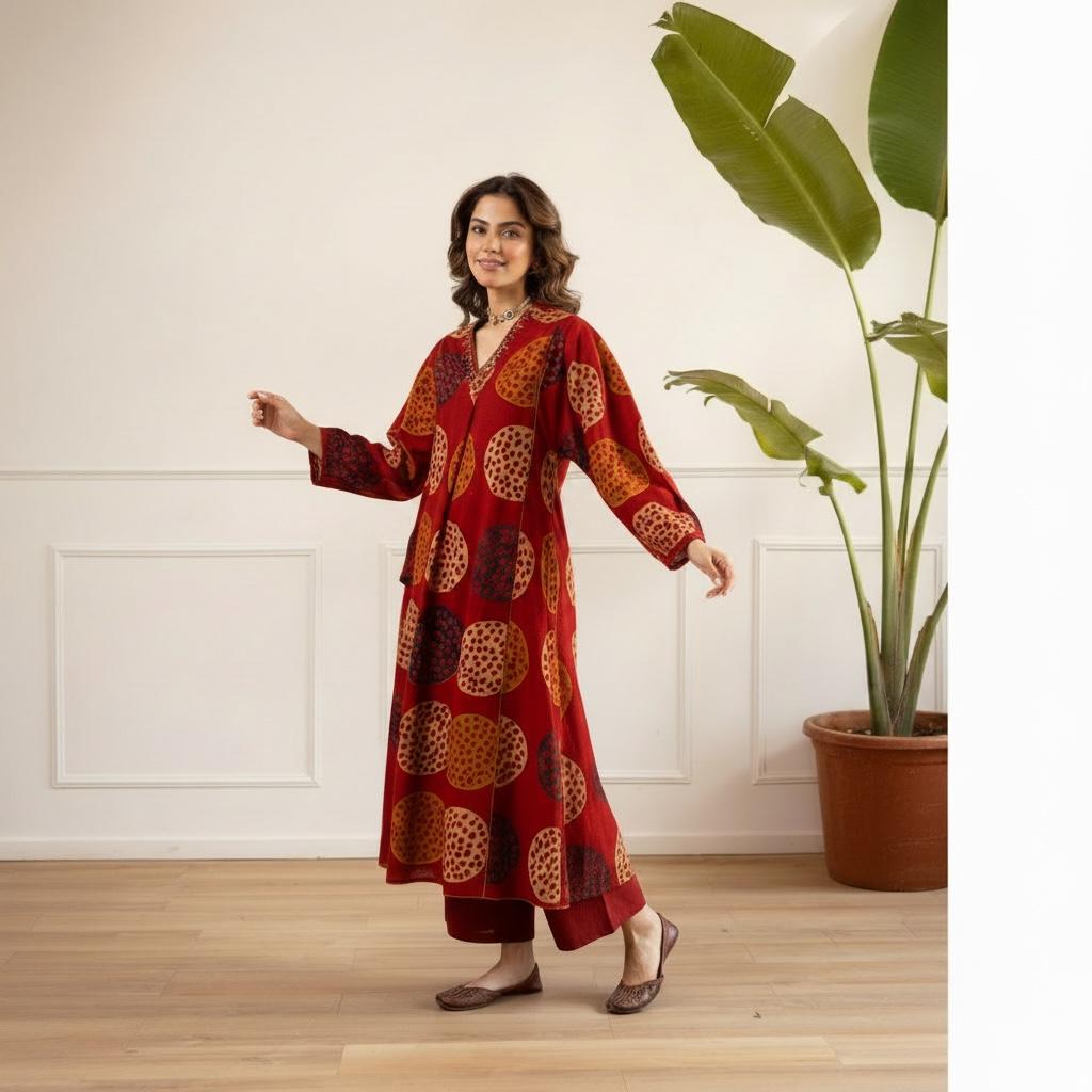 Cotton Slub A-Line Flared Kurta Set with Handwork Neckline & Linen Plazzo