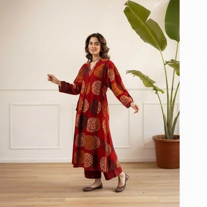 Cotton Slub A-Line Flared Kurta Set with Handwork Neckline & Linen Plazzo