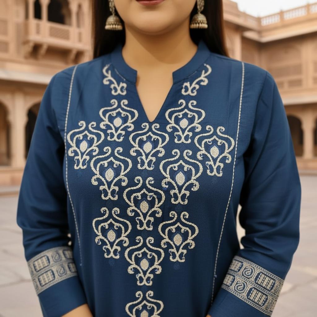 Woman wearing a blue embroidered traditional outfit