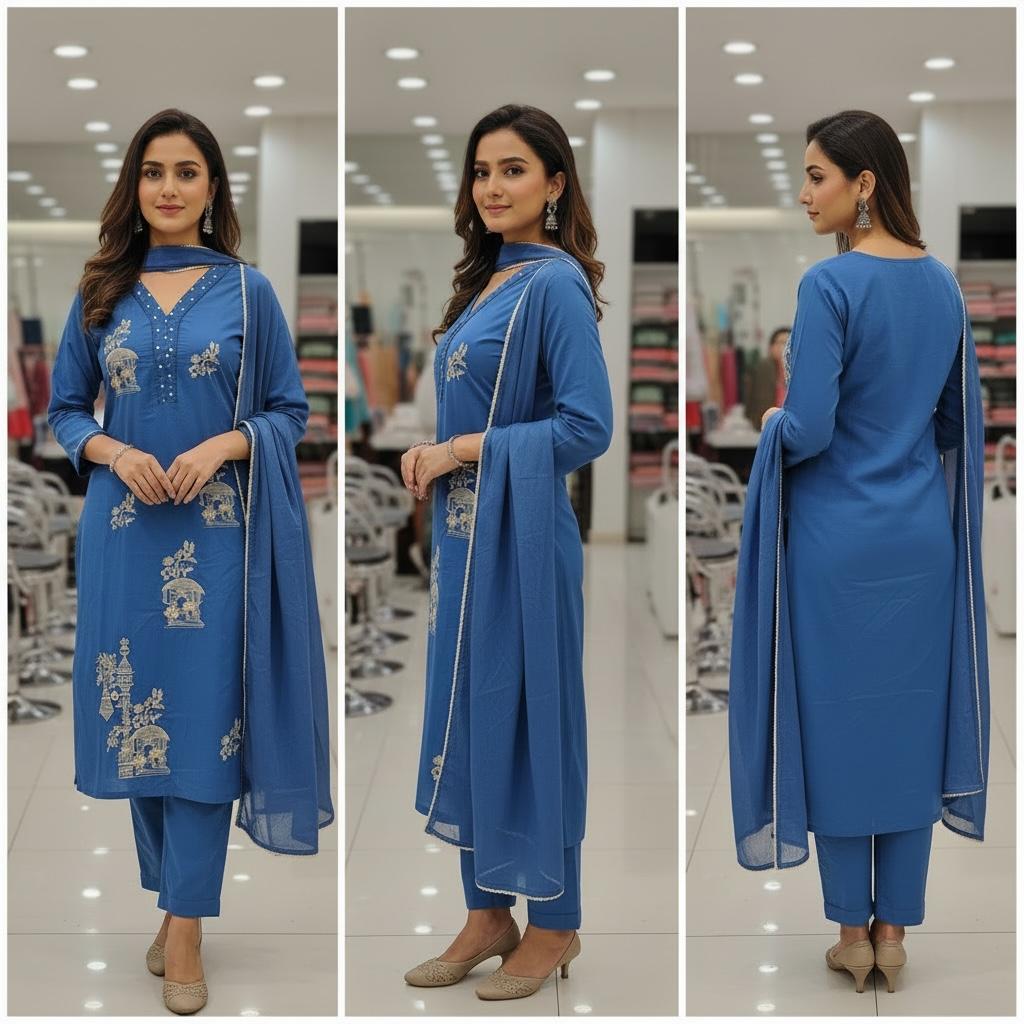 Pure Cotton Blue Kurta Set With Beads Handwork and Lace Dupatta