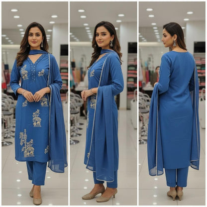 Pure Cotton Blue Kurta Set With Beads Handwork and Lace Dupatta