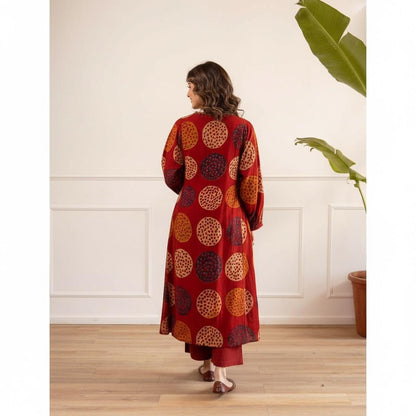 Cotton Slub A-Line Flared Kurta Set with Handwork Neckline & Linen Plazzo