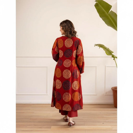 Cotton Slub A-Line Flared Kurta Set with Handwork Neckline & Linen Plazzo