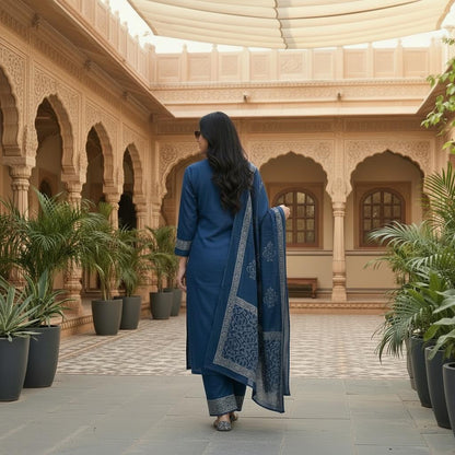 Cotton Kurta Set with Embroidered Neck Yoke, Plazzo Pants & Printed Dupatta