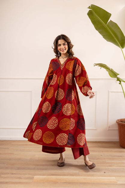 Cotton Slub A-Line Flared Kurta Set with Handwork Neckline & Linen Plazzo
