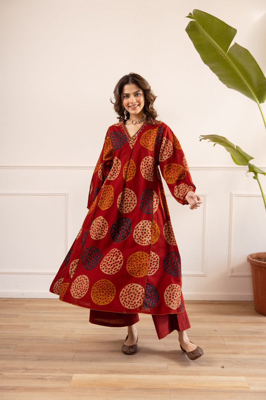 Cotton Slub A-Line Flared Kurta Set with Handwork Neckline & Linen Plazzo