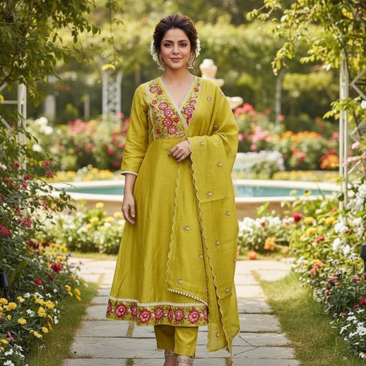 Mal Chanderi Angrakha Kurta Set with Heavy Embroidery, Silk Pants & Dupatta