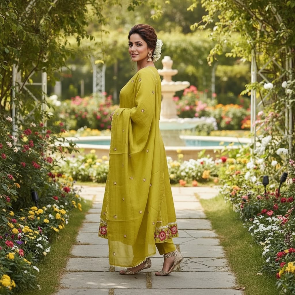 Mal Chanderi Angrakha Kurta Set with Heavy Embroidery, Silk Pants & Dupatta