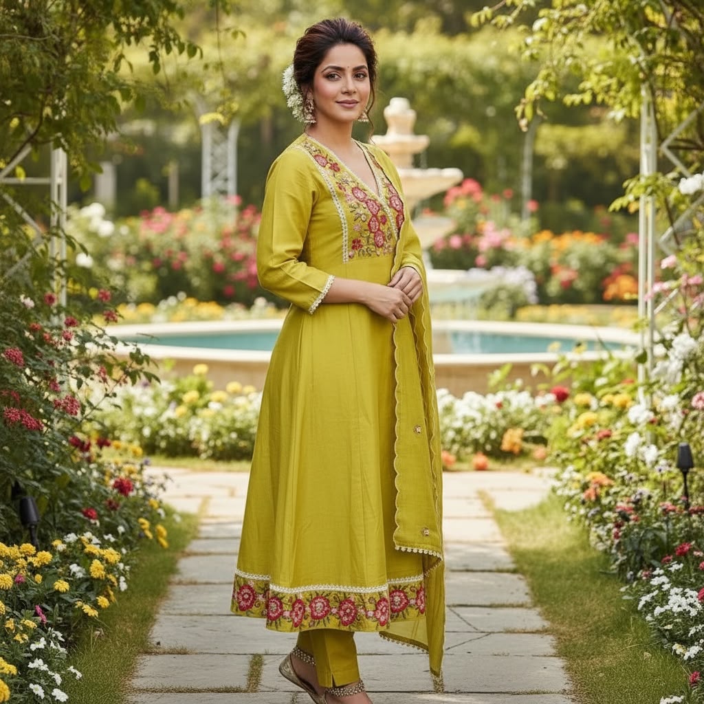 Mal Chanderi Angrakha Kurta Set with Heavy Embroidery, Silk Pants & Dupatta
