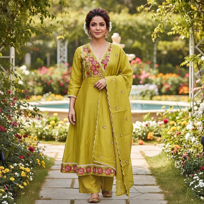 Mal Chanderi Angrakha Kurta Set with Heavy Embroidery front– Hana Label