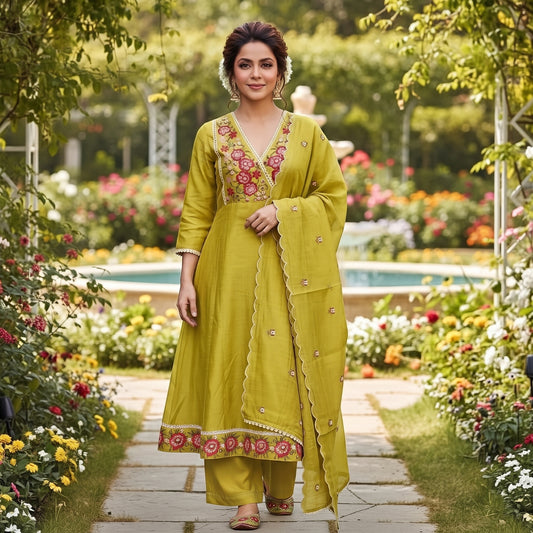 Mal Chanderi Angrakha Kurta Set with Heavy Embroidery front– Hana Label
