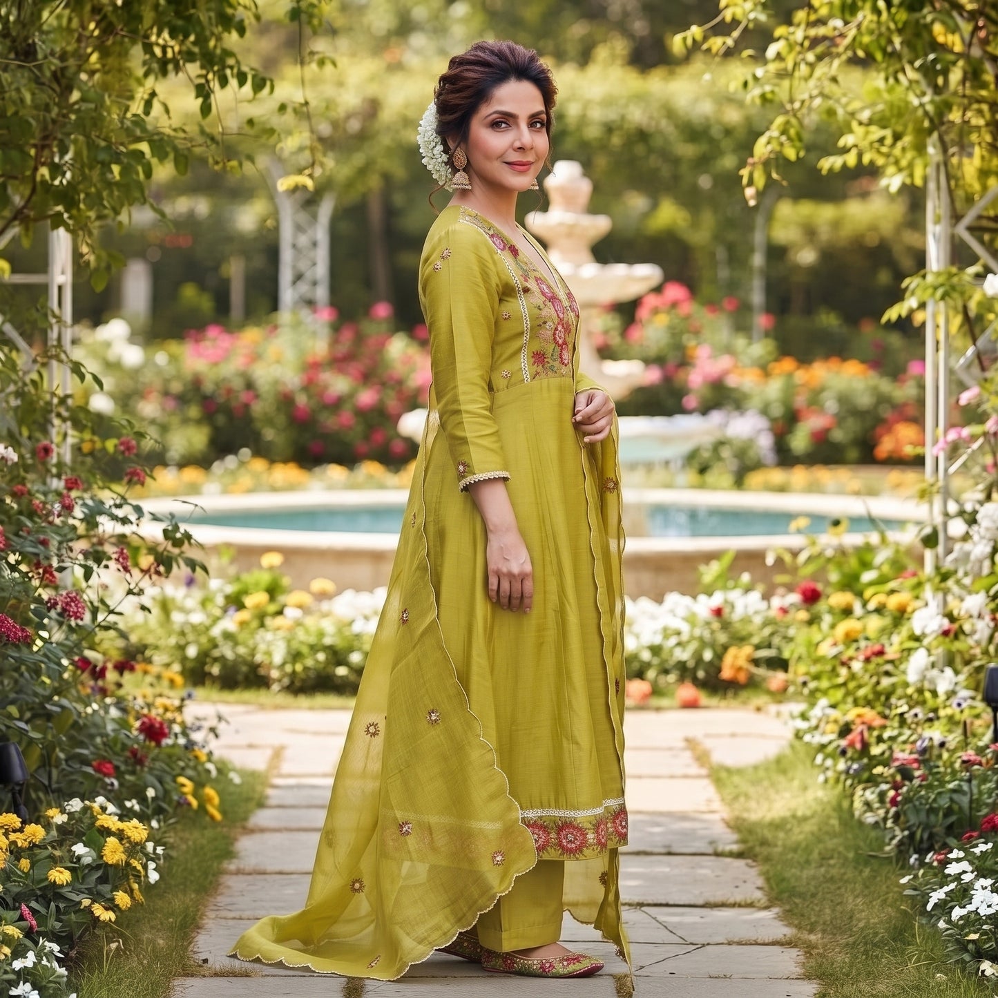 Right Side View – Mal Chanderi Angrakha Kurta with Silk Pants & Dupatta
