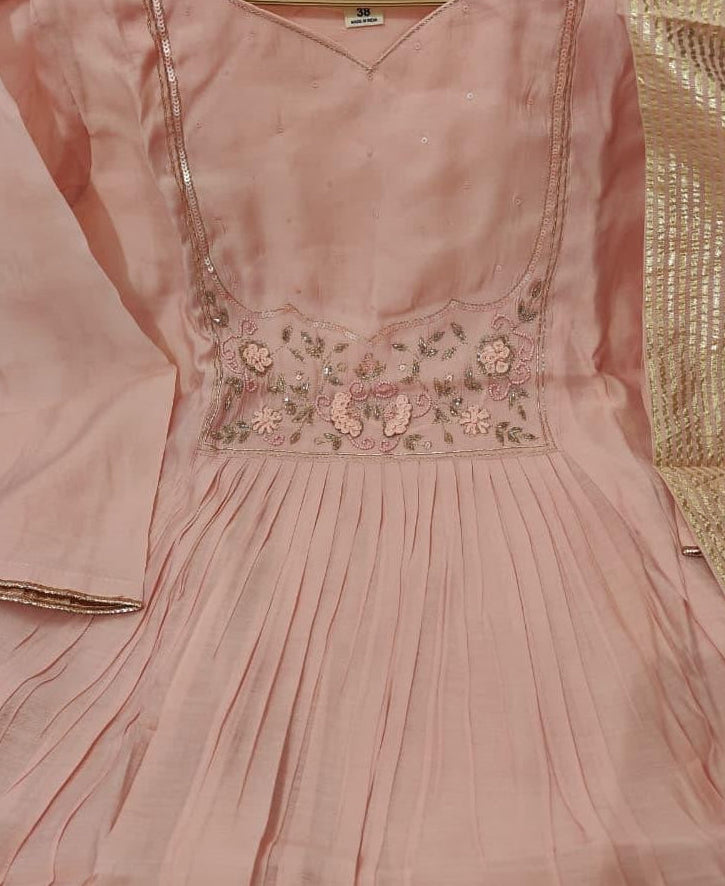 Close-up of Handwork Yoke on Mal Chanderi Flared Kurta Set