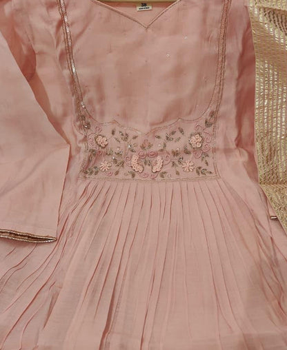 Close-up of Handwork Yoke on Mal Chanderi Flared Kurta Set