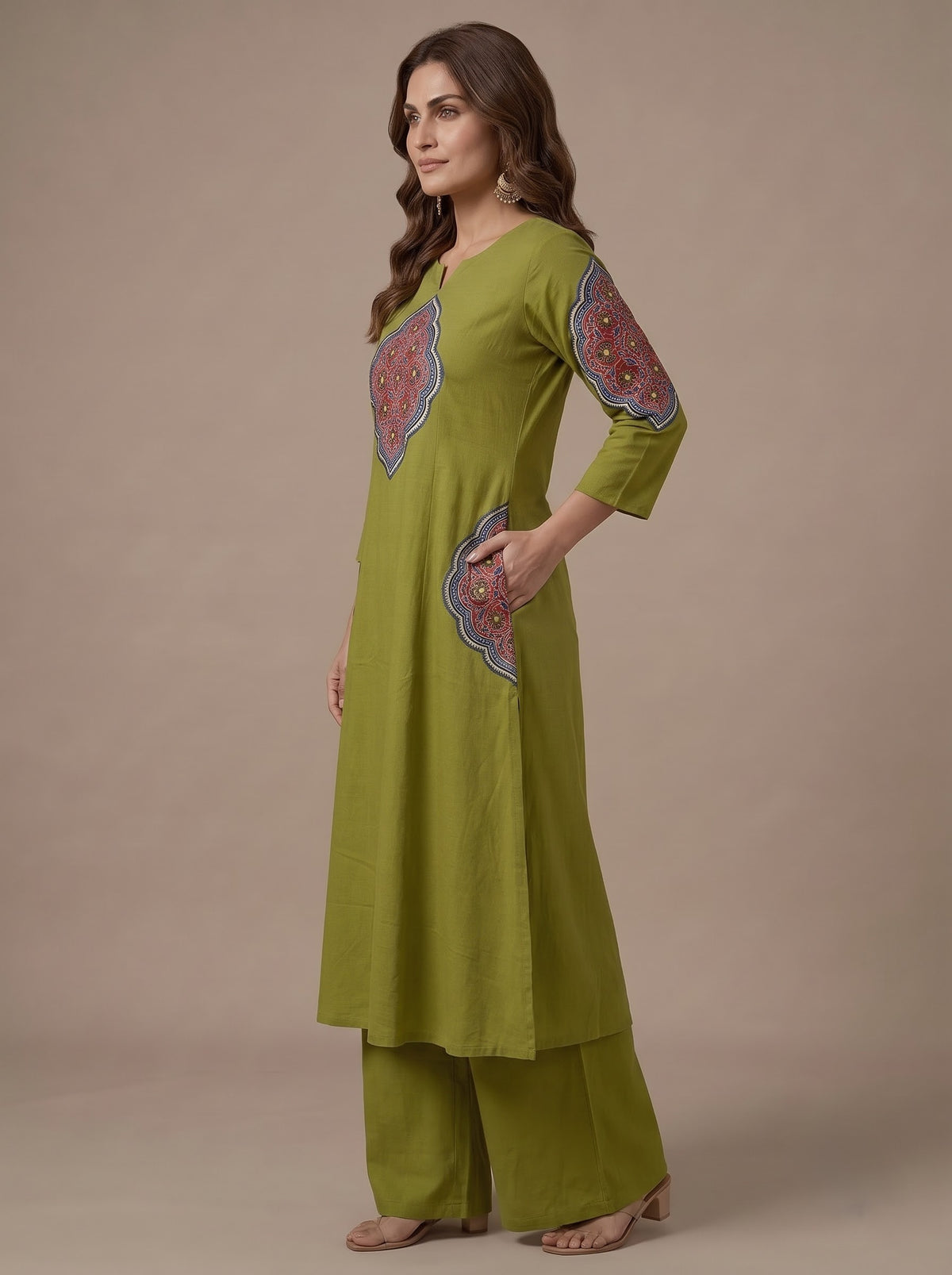 Side View – Olive Green Ajrakh Print A-Line Kurta with Palazzo